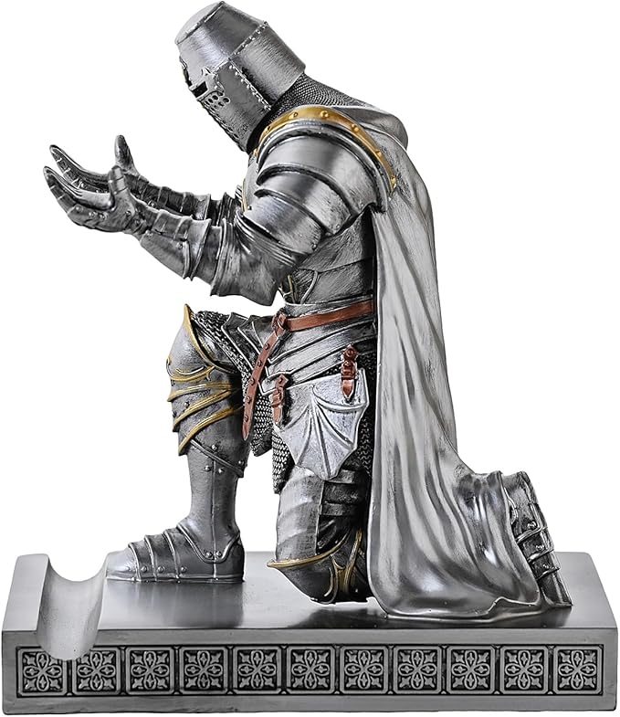 Medieval Templar Vanguard Officer Knight Pen Holder Pen Stand Desk Organizers and Accessories Resin Mobile Phone Stand as Gift for Office and Home Desk Organizer (Silver)