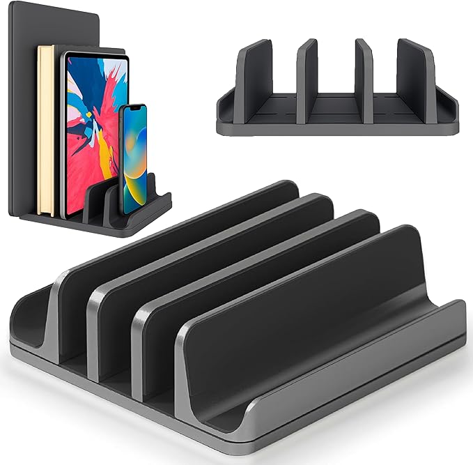 Elestoria 5- Slot Vertical Laptop Stand - Aluminum Laptop Stand Vertical for Desk - Fits MacBook Pro/Air, Surface, Mobiles & Gaming Laptops up to 17.3" - Heavy Duty Laptop Holder for Desk - (Black)