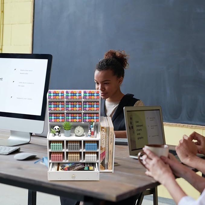 Pen organizer for desk,Marker organizer,Pen holder with drawer,Pencil Holder,with 15 Compartments and 1 Drawer, 1 File Holder Multi-Functional Desk Organizers (White)