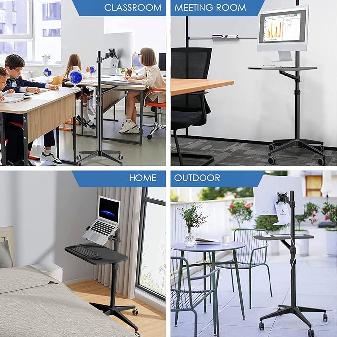 Mobile Desk Workstation,Mulitiuse Rolling Laptop Floor Stand,34"-48.6" Height Adjustable,Compatible with 17"-27" Monitor&12"-17" Laptop,21"×14" Desk Board,Maxload 17.6lbs,4 Lockable Wheels