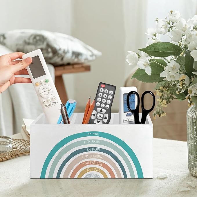 Boho Colorful Rainbow Pen Pencil Holder Organizer for Desk Accessories, Boho Classroom Decor, I Am Kind Inspirational Wooden Box Signs Decorations for Kids Room Home Desk Tabletop