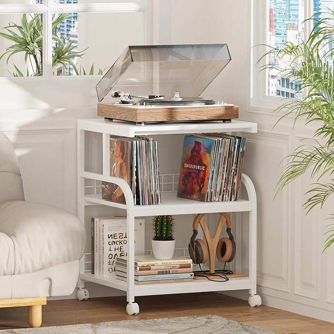 Lerliuo Large Printer Stand with Storage, 23.6"W x 18.9"D x 30.2"H, 5-Adjustable Shelf Heights Mobile 3 Tier Table with Lockable Wheels, Industrial Rolling Printer Cart, White Stands for Home Office