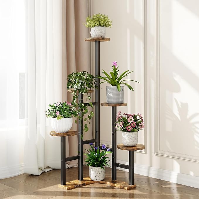 Corner Plant Stand Indoor, 6 Tiered Corner Plant Shelf Flower Stand for Multiple Plants, Plant Shelves Organizer Rack for Living Room, Balcony, Patio, Garden, Round Rustic Brown