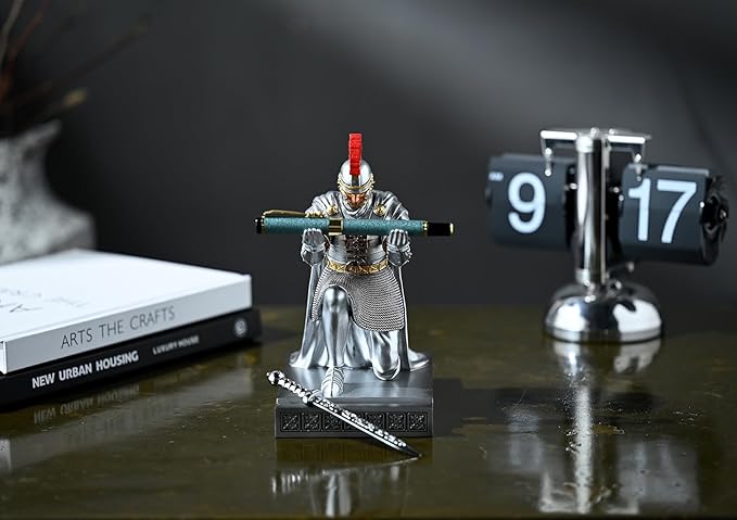 Roman Praetorian Prefect Warrior Knight Pen Holder Desk Ornament Resin Praetorian Guard Mobile Phone Stand Desk Accessories and Organizer for Office with a Letter Opener (Silver)