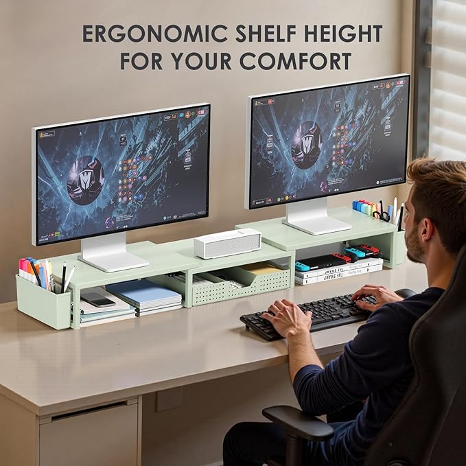 OPNICE Desk Organizers and Accessories, Dual Monitor Stand Riser with Drawer and 2 Pen Holders, Desk Shelf Metal Computer Monitor Stand for Office Workspace Organizers, Desktop Organization (Green)