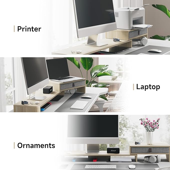 Fenge Computer Monitor Riser Stand with Drawer for 2 or 3 Monitors ,Adjustable Length and Angle Desktop Laptop Stand,Office Organizer,Printer,Oak