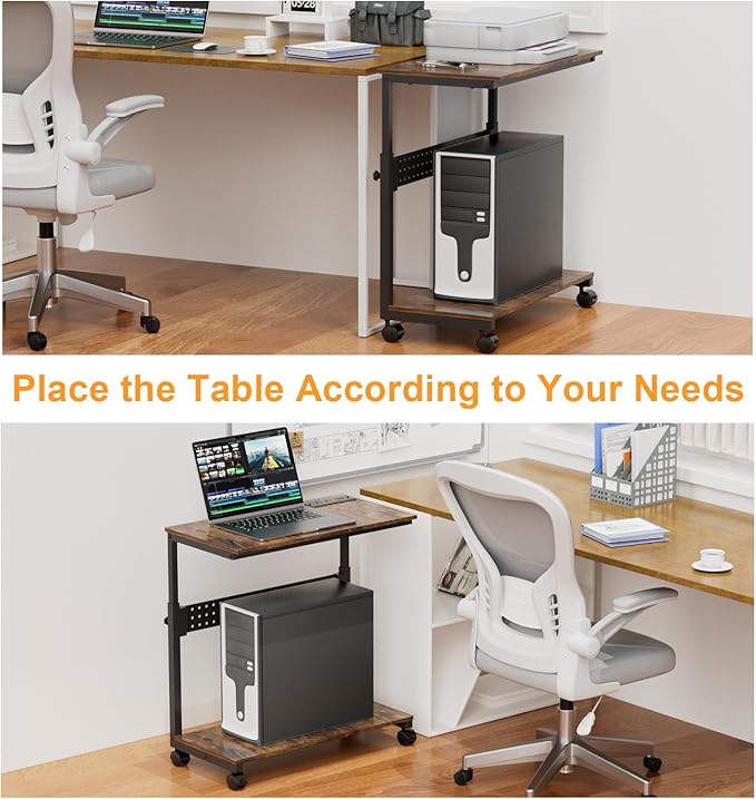 Computer Tower Stand with Charging Station, Height Adjustable 2-Tier CPU Stand with Power Strip and USB Ports, PC Tower Cart with Wheels and Printer Shelf, Rustic Brown and Black