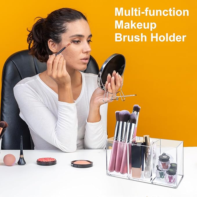 5 Pack Acrylic Pen Pencil Holder - 3 Compartment Clear Pencil Pen Organizer for Office Home Supplies Desk Accessories