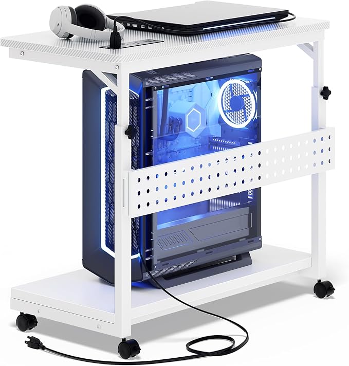 Computer Tower Stand with Power Strips, 4 Levels Manual Height Adjustable PC Tower Stand for Under Desk, Mobile Rolling CPU Holder, Computer Cart with Wheels, 24", Carbon Fiber White