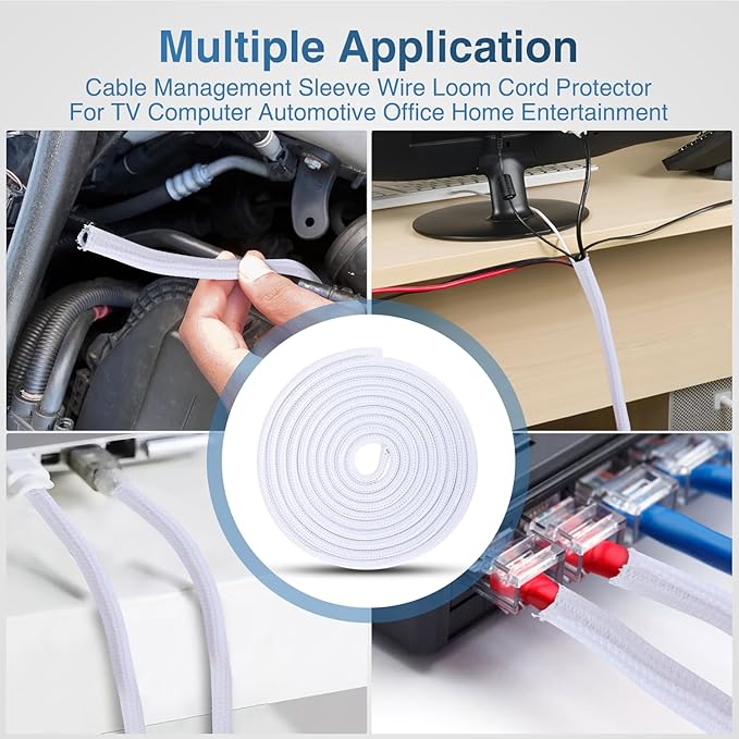 Nilight Cable Sleeve,10ft-1/4inch Cord Management Sleeves, Braided Sleeving, Split Self Wrapping Wire Loom for Computer Electrical Automotive Harness Protector Organizer, White