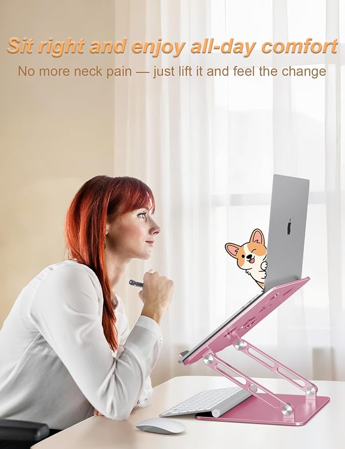 Laptop Stand for Desk – Adjustable Portable Laptop Riser, Aluminum Laptop Holder Compatible with MacBook Air Pro, Dell, HP, Lenovo (10"-17.3"), Featuring Unique Puppy Panel Design, Rose Gold