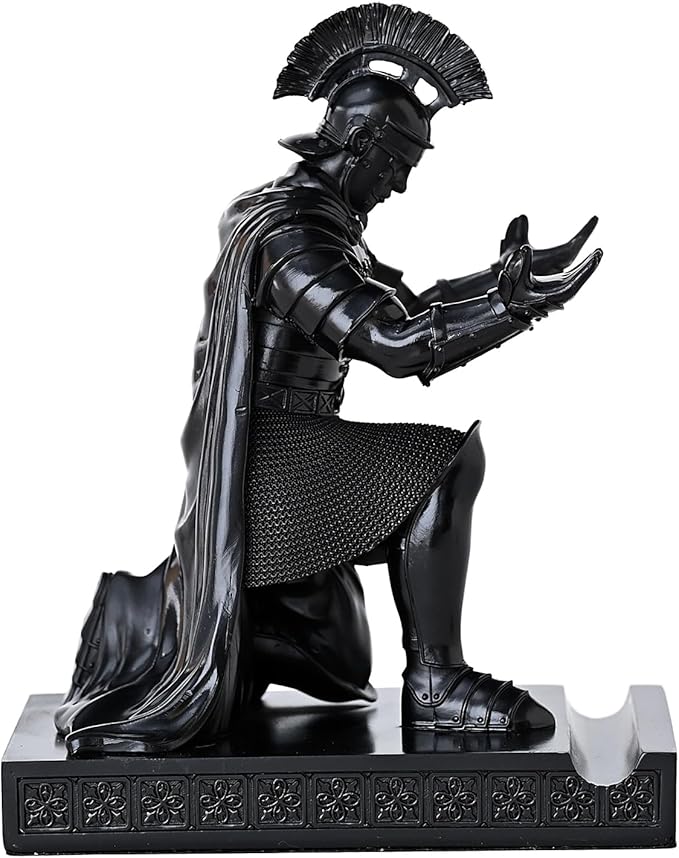 Roman Praetorian Prefect Warrior Knight Pen Holder Desk Ornament Resin Praetorian Guard Mobile Phone Stand Desk Accessories and Organizer for Office with a Letter Opener (Black)