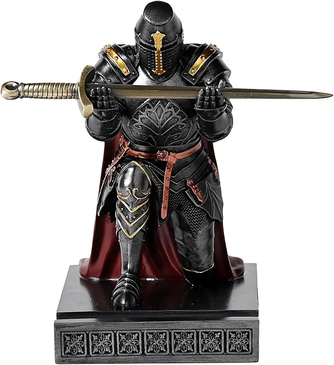 Medieval Templar Vanguard Officer Knight Pen Holder Pen Stand Desk Organizers and Accessories Resin Mobile Phone Stand as Gift for Office and Home Desk Organizer (Iron)