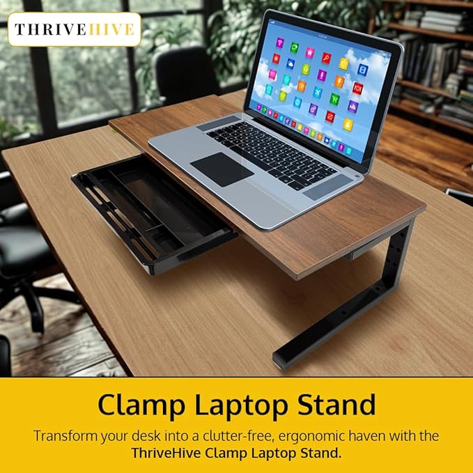 Ergonomic Clamp-On Laptop and Computer Monitor Riser Stand with Drawer, 21.6 x 9.8 inch - Dark Brown|Laptop Stand for Desk, Monitor Riser, Desk Organizer, Office Desk Home Workspace
