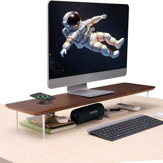 SUIBIAN Wooden Monitor Stand Riser with Wireless Charging 31.5Inch Large, Computer Monitor Stand,Wooden Desktop Organizer Shelf for Office Desk Computer,Laptop,TV (Walnut Wood)