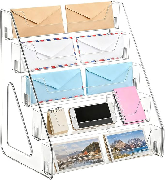 5-Tier Mail Organizer Countertop Laddered Acrylic File Mail Desktop Organizer Sorters Clear Letter Holder Multifunctional Desk File Storage Holders Envelope Folder Racks for Office Home School