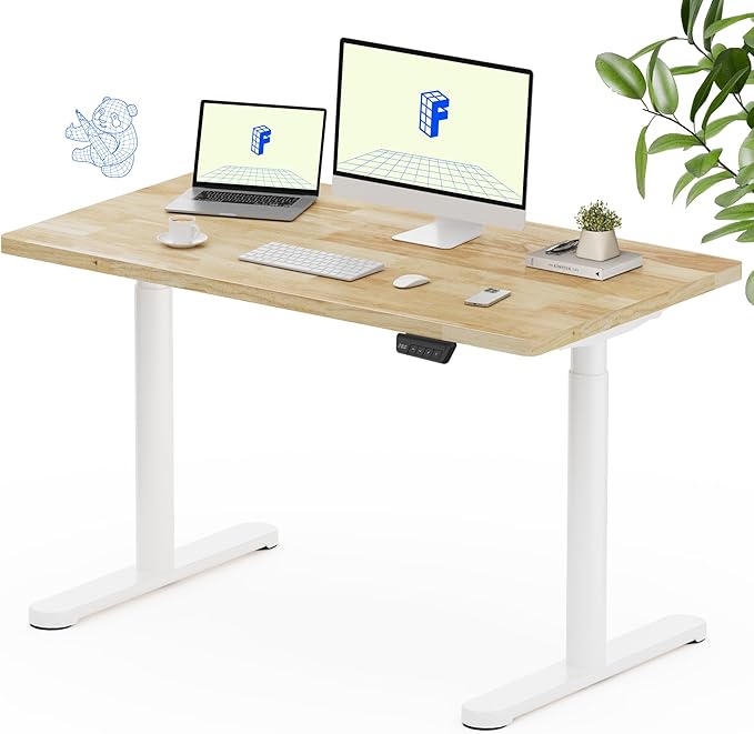 FLEXISPOT Solid Rubberwood Electric Standing Desk with Elegant Oval Legs, 48"x24" Height Adjustable Desk for Home Office & Living Spaces (White Frame)