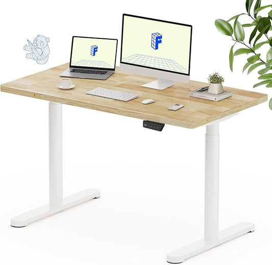 FLEXISPOT Solid Rubberwood Electric Standing Desk with Elegant Oval Legs, 48"x24" Height Adjustable Desk for Home Office & Living Spaces (White Frame)