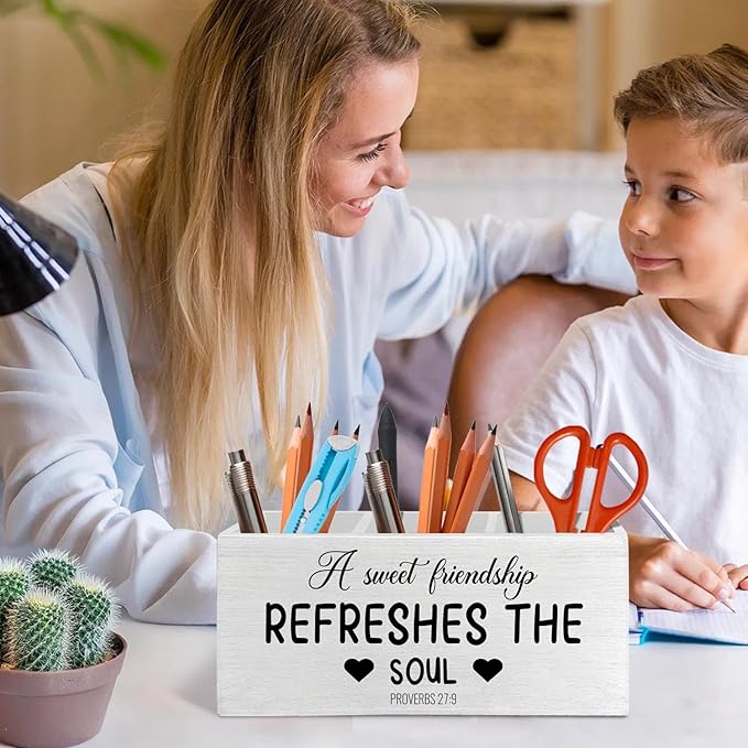 a Sweet Friendship Refreshes the Soul Christian Pen Pencil Holder Organizer for Desk Accessories, Christian Gifts for Friends Wooden Box Signs Decorations for Home Office Desk Tabletop