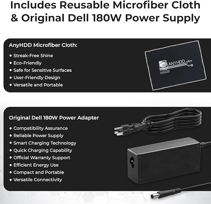 Dell WD19TBS Thunderbolt Docking Station with 180W AC Power Adapter (130W Power Delivery) + HDMI Cable + DisplayPort Cable + USB C to C Cable + Microfiber Cloth Included