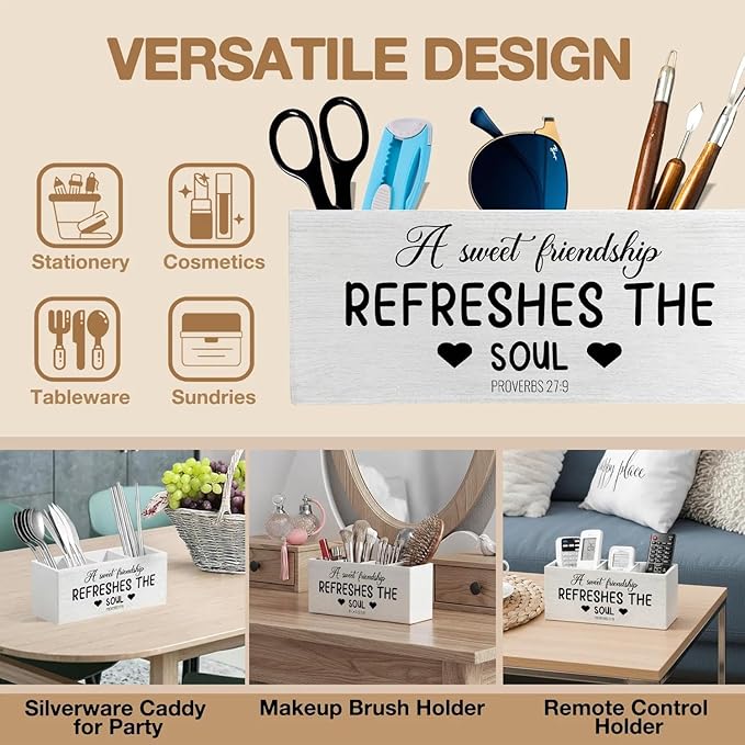 a Sweet Friendship Refreshes the Soul Christian Pen Pencil Holder Organizer for Desk Accessories, Christian Gifts for Friends Wooden Box Signs Decorations for Home Office Desk Tabletop