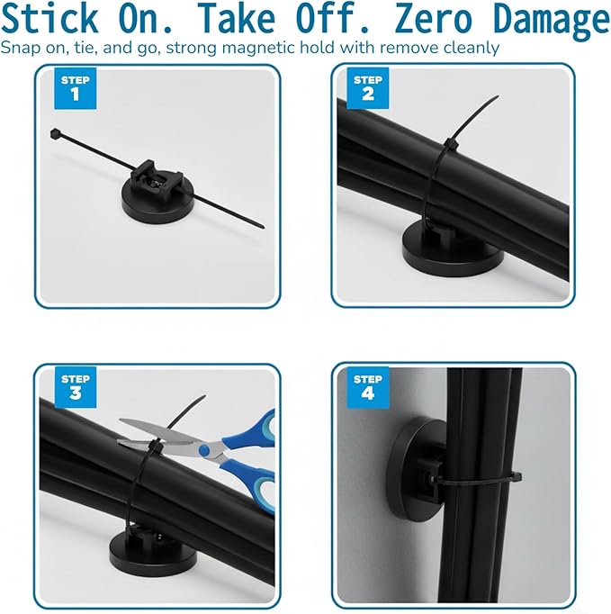 Magnetic Zip Tie Mount Set, 25 Magnetic Cable Tie with 200 Cable Ties, Strong Wire Management Cables Holder, Multipurpose Electrical Cord Holders Organizer (43mm)