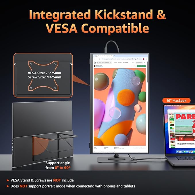 Portable Monitor 18.5 inch 1080P FHD 128% sRGB 100Hz, Travel Monitor for Laptop MacBook Surface PC Xbox PS5, HDMI Dual USB-C VESA Compatible Built-in Speaker, with Kickstand