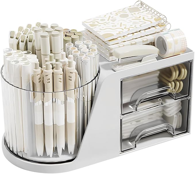Desk Organizer with Rotating Pencil Pen Holder and 2 Small Drawers, Desk Caddy for Office Workspace Organization and Storage (White)