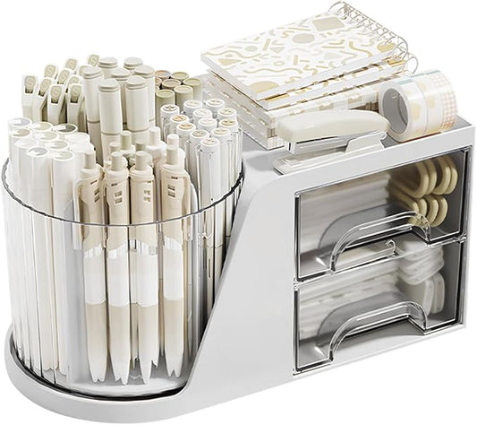 Desk Organizer with Rotating Pencil Pen Holder and 2 Small Drawers, Desk Caddy for Office Workspace Organization and Storage (White)