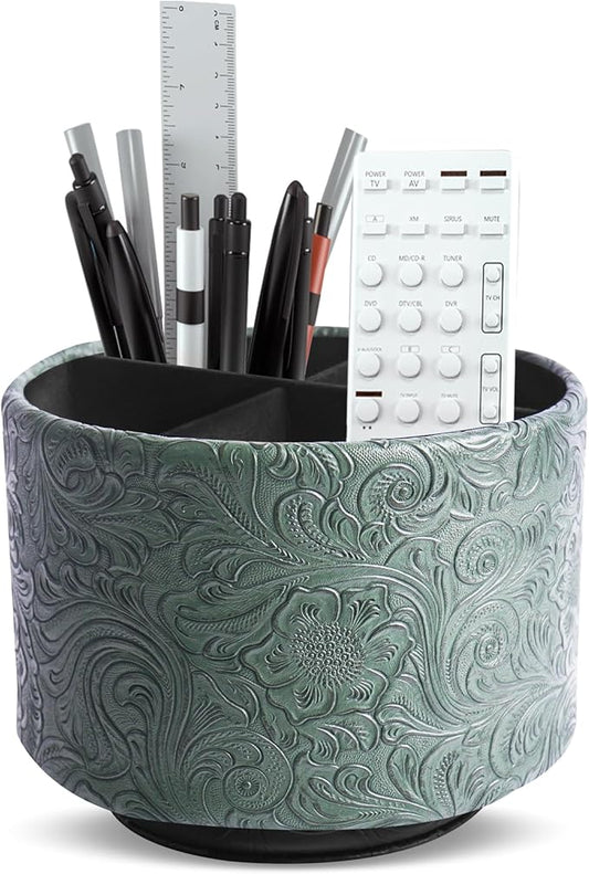 lizimandu Round Leather Art Supply Organizer,Remote Control Holder,360 Degree Spinning,Multi-Functional Pencil Holder,4 Compartments Desktop Stationary Organizer(1-Carved Cooper Green)