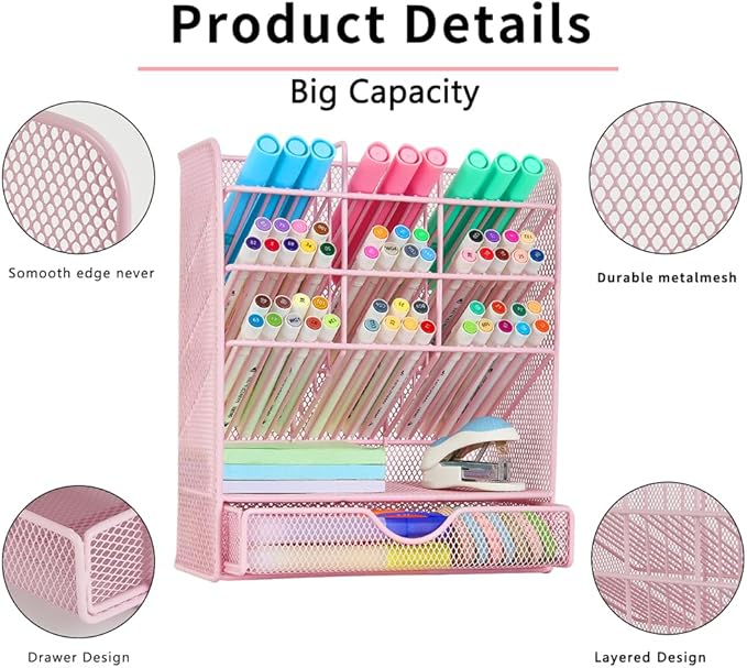 Spacrea Pen Holder Desk Organizer - Desk Organizers and Accessories, Pencil Holder with 10 Compartments and 1 Drawer（Pink）