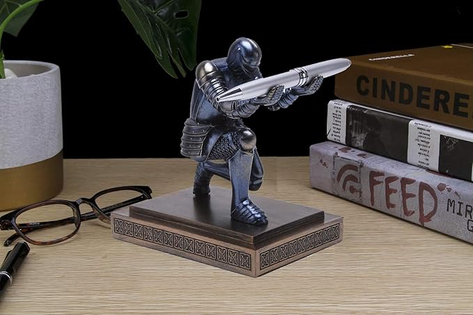 Knight Pen Holder Desk Organizers and Accessories Desk Decor Resin Pen Holder as Gift with a Cool Pen for Office and Home (Blue)