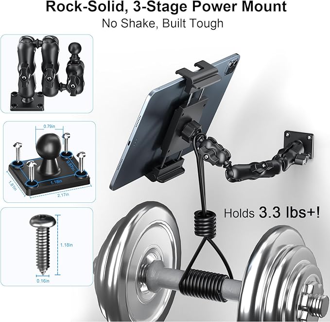 PLDHPRO Tablet Holder for Car Dashboard Heavy Duty Drill Base 360° Adjustable 3-Stage Stand Dash Mount Compatible with iPad, Galaxy Tab, Fire HD, 5.1-15.6'' Phone Tablets for Truck Wall Desk Vehicle