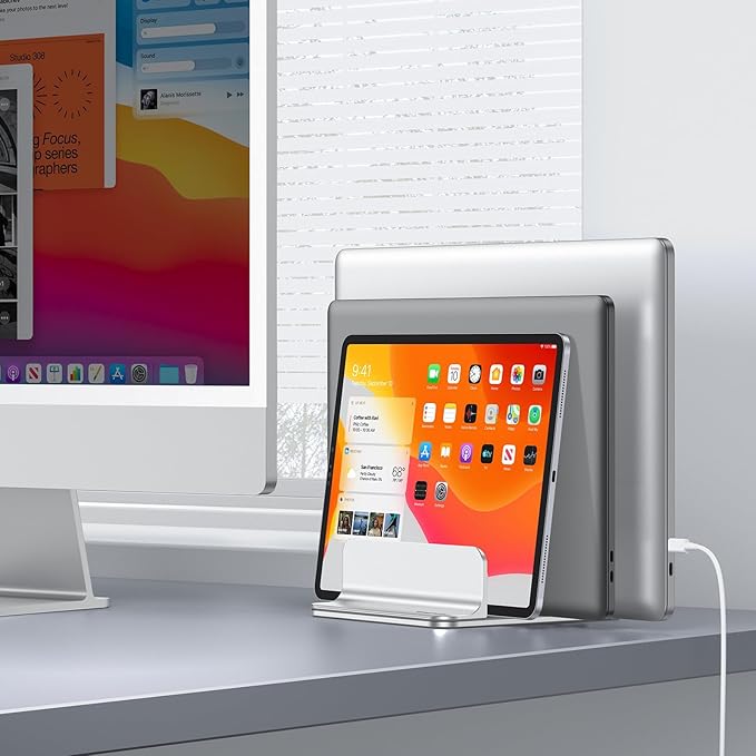 OMOTON 3-Slot Vertical Laptop Stand, Desktop Aluminum Stand for MacBook with Adjustable Dock Size, Fits All MacBook, Surface, Chromebook and Gaming Laptops (Up to 17.3 inches), Bright Silver