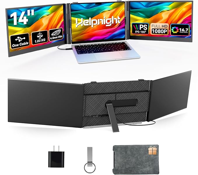 14" Laptop Triple Screen Extender Portable, One Cable Connection Laptop Monitor FHD 1080P IPS, Ultra Thin Dual Monitor for 13-17" Laptops, Plug & Play Compatiable with Win/Mac/Chrome/Android/Switch