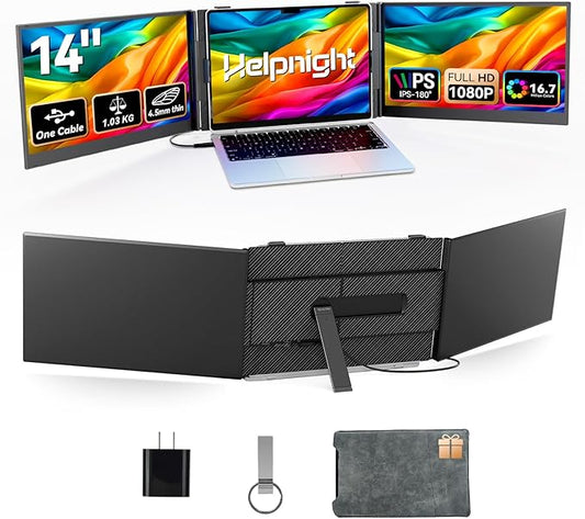 14" Laptop Triple Screen Extender Portable, One Cable Connection Laptop Monitor FHD 1080P IPS, Ultra Thin Dual Monitor for 13-17" Laptops, Plug & Play Compatiable with Win/Mac/Chrome/Android/Switch