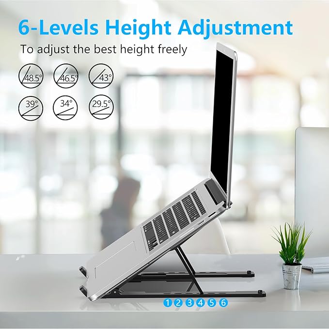 Adjustable Laptop Stand, Portable Laptop Riser for Desk, ABS+Silicone Foldable Ventilated Cooling Notebook Holder Stand for 10-15.6” Laptops, Tablets