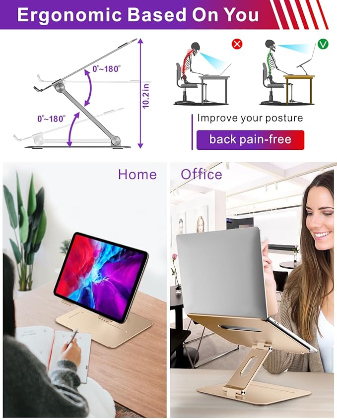 Adjustable MacBook Laptop Stand for Desk | Ergonomic Aluminum Laptop Riser with Heat-Vent, Compatible for 10-17" Laptops, Macaroon Gold