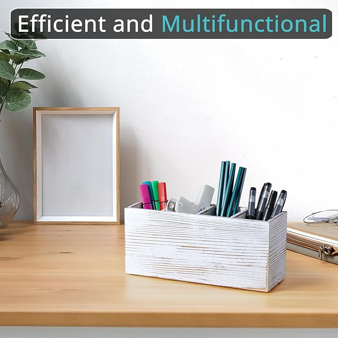 Pencil Pen Holder for Desk, White Washed Wood Office Desk Organizers and Accessories with 4 Slots for Countertop, Makeup Brush Holder Organizer for Bathroom Vanity, Silverware Caddy for Party
