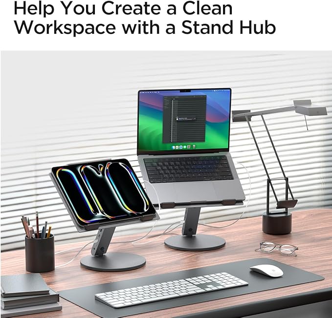 Spigen ArcDock Laptop Stand with 6 in 1 Hub USB-A 3.0, USB-C 3.0, PD 100W, 4K 60Hz HDMI Universal Adjustable Folding Laptop Dock with 360 Rotating Base - Space Grey