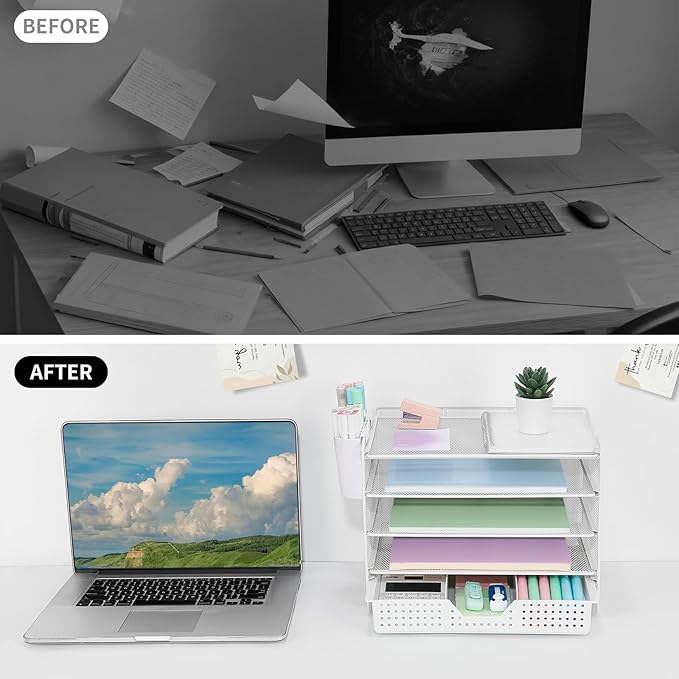 Desk Organizer and Accessories, 5-Tier Paper Letter Tray Organizer with Drawer & 2 Pen Holders for Desktop File Organization, Office Desk Accessories for Supplies Storage (White)