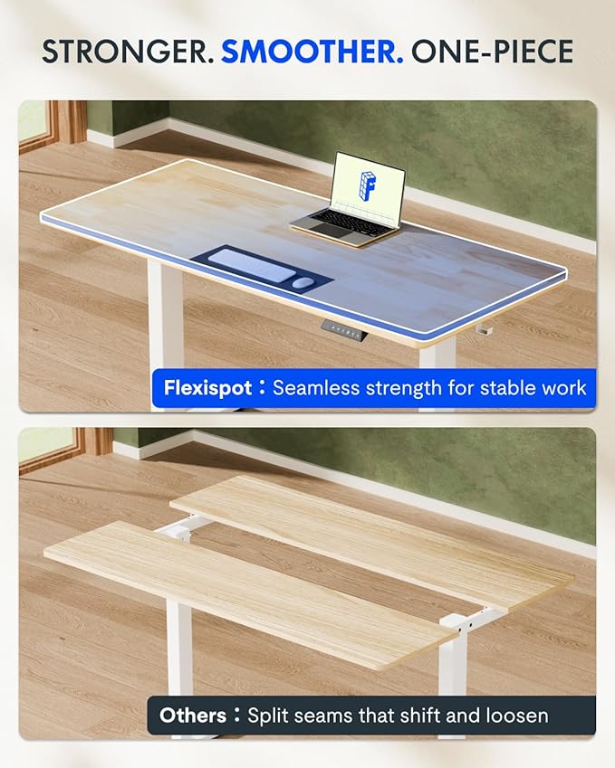 FLEXISPOT EN1 One-Piece Solid Wooden Standing Desk 55 x 24 Inches Height Adjustable Electric Sit Stand Home Office Desks (Black Frame + Rubber Wood Top, 2 Packages)