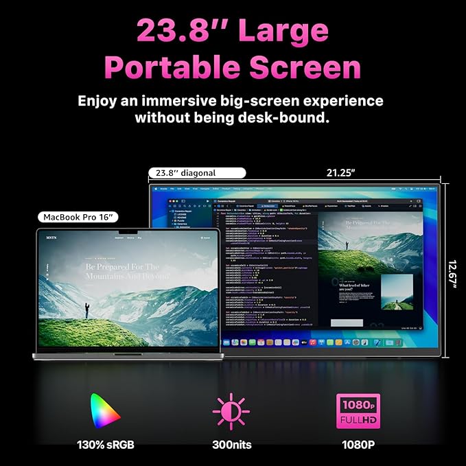cocopar Portable Monitor 23.8'' 1080P 100Hz 130% sRGB IPS Travel Monitor with USB-C HDMI Portable Screen for Laptop MacBook Surface PC PS4/5 External Display with Kickstand, VESA Mountable