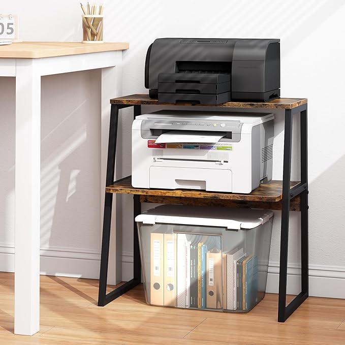 Printer Stand for Desk, Desktop Printer Shelf, 3 Tier Desk Shelf for top of Desk, Large Printer Stands Office Organization Shelves for Home Office Printer Fax Book, Rustic Brown