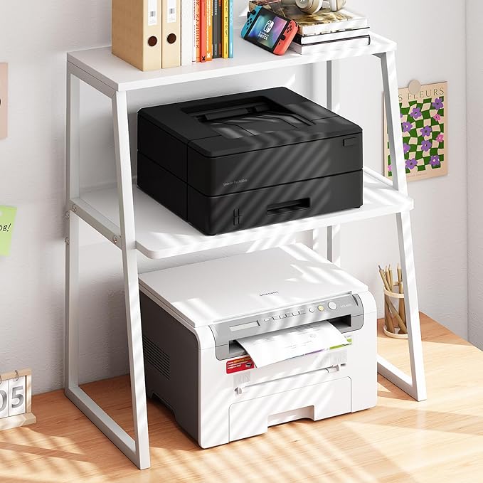 Printer Stand for Desk, Desktop Printer Shelf, 3 Tier Desk Shelf for top of Desk, Large Printer Stands Office Organization Shelves for Home Office Printer Fax Book, White
