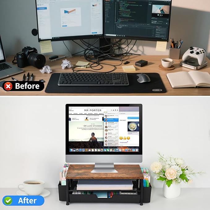 Desk Organizer and Accessories, 2-Tier Computer Monitor Stand Rise with Storage Drawer & 2 Pen Holders, Laptop & Printer Stand for Desktop, Workspace Organizers for Office Supplies (Brown)