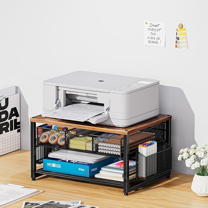 Marbrasse Wood Printer Stand for Desk, 2-Tier Desktop Printer Table for Home Office, Printer Stand with Storage Drawer 2 Pen Holders, Multi-Purpose Desk Organizer for Fax Machine Scanner(Wood Brown)