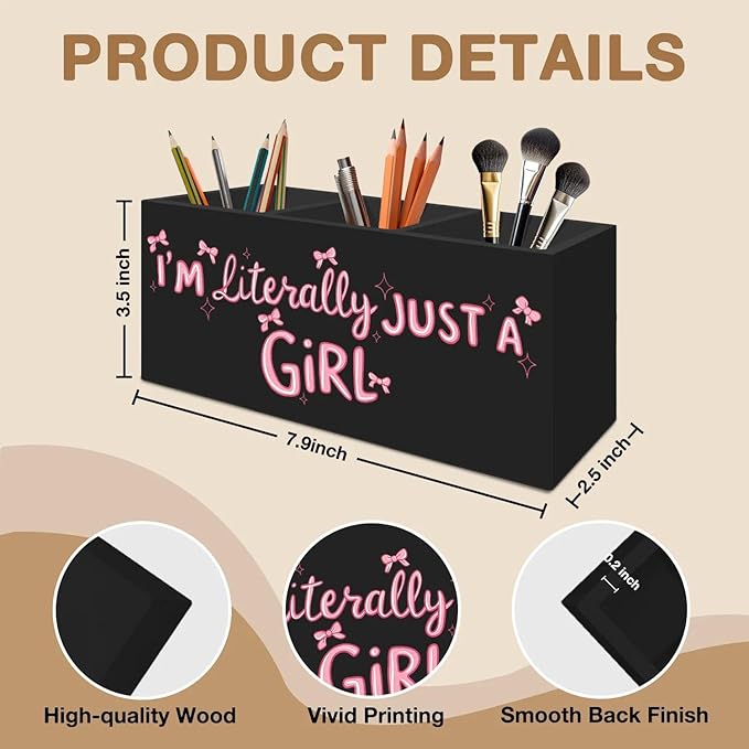 Coquette Pink Bow Pen Pencil Holder Organizer for Desk Accessories, Preppy Girly Room Decor, I'm Literally Just a Girl Wooden Box Signs Decorations for Girls Bedroom Room Dorm Desk Tabletop