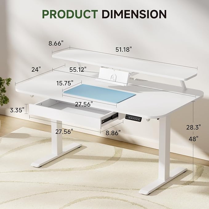 GTRACING Electric Standing Desk with Drawers, 55 x 24 Inches Height Adjustable Computer Desk with Monitor Stand, Laptop Stand, Sit Stand up Desk with Memory Preset for Home, Office, White
