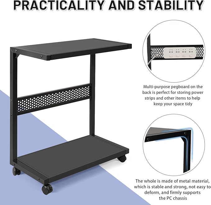 Large PC Stand Computer Tower Stand 2-Tier Metal CPU Holder with Locking Caster Wheels Suitable for Most PC (Black,XL)